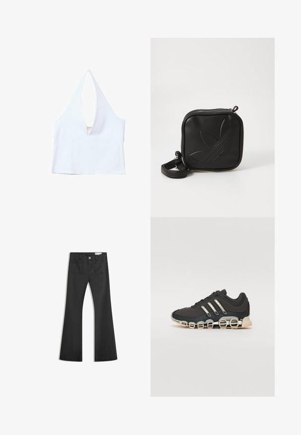 White halter crop top with deep V-neckline, ribbed texture, and a straight hem. Simple design without additional hardware or patterns.; Black flared jeans made of denim with a smooth texture, featuring two back pockets and a button closure at the waist.; Black athletic shoe with a textured upper, three silver stripes, and a distinctive cushioning sole featuring multiple integrated sections.; Black square crossbody bag made of textured synthetic material. Features an embossed logo design and adjustable strap. Zipper closure.