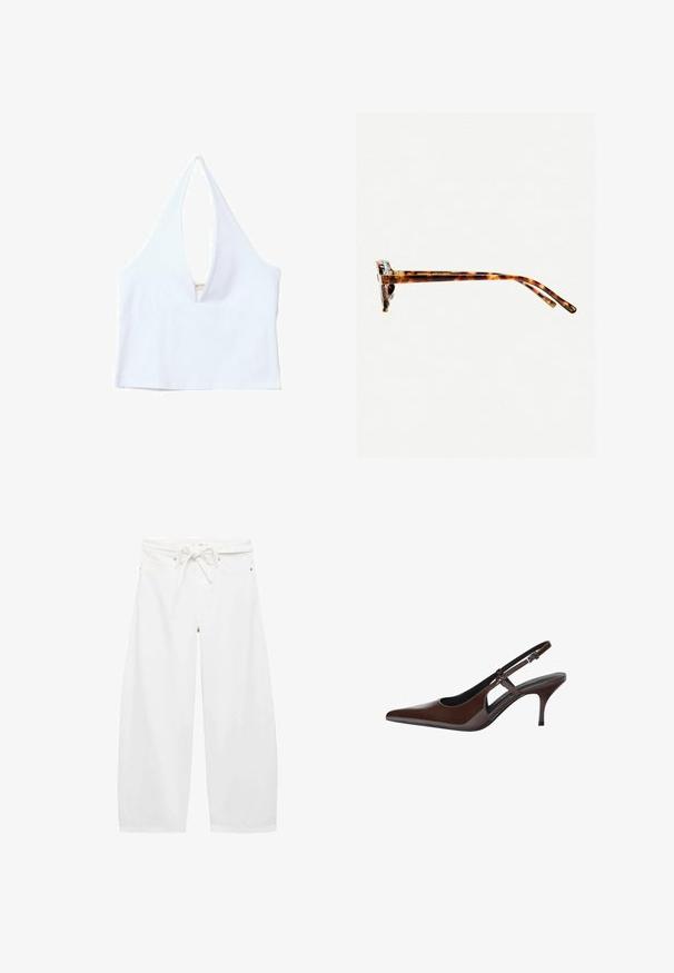 Biały top na ramiączkach z głębokim dekoltem w kształcie litery V, prążkowaną teksturą i prostym dołem. Prosty design bez dodatkowego sprzętu czy wzorów.; Białe spodnie o szerokich nogawkach wykonane z lekkiego materiału, z elastycznym paskiem w talii, dwiema przednimi kieszeniami i prostymi metalowymi detalami.; Brązowe lakierowane sandały na słupku z ostrym noskiem, otwartymi wycięciami i cienkim obcasem. Posiadają regulowany pasek z klamrą.; Okulary przeciwsłoneczne w kratkę w grubej oprawie, lekko zakrzywionymi zausznikami i gładką teksturą. Charakteryzują się klasycznym wzornictwem i błyszczącym wykończeniem.