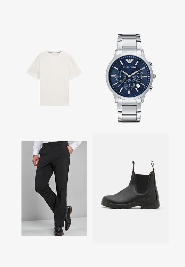 Weißes Kurzarm-T-Shirt aus strukturiertem Stoff, mit Rundhalsausschnitt und einem subtilen, schlichten Design ohne Muster oder Akzente.; Schwarze Anzughose mit taillierter Passform, die über eine glatte Textur, gerade Beine und Gürtelschlaufen verfügt, kombiniert mit polierten schwarzen Anzugschuhen.; Schwarze Leder-Chelsea-Stiefel mit elastischen Seiteneinsätzen, Zugschlaufe, robustem Gummisohle und gestickten Details. Glatte Oberfläche.; Emporio Armani Chronograph - silver-coloured