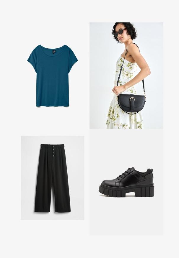 Tirkizna majica kratkih rukava s okruglim izrezom, napravljena od mekog materijala, s opuštenim krojem i glatkom teksturom.; Široke crne hlače izrađene od teksturirane tkanine. Imaju visok struk, prednje zatvaranje na pet dugmadi i pritiskane plisirane detalje.; Crne kožne platforme s debelim blok-peta, okruglim prstima i klasičnim dizajnom vezanja. Imaju gladak tekstur i minimalne detalje.; Crna kožna torba s lukovitim oblikom, odvojivim remenom i zlatnim detaljima. Torba ima preklop s kopčom.