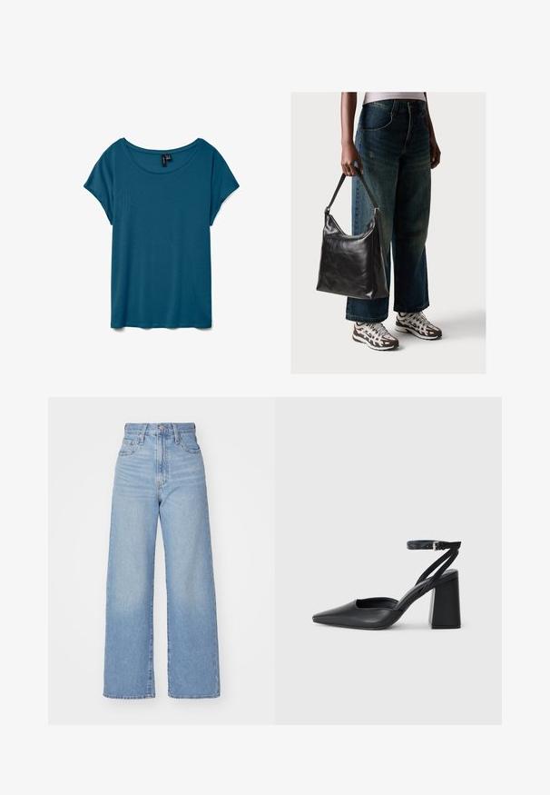 Teal short-sleeve t-shirt with a round neckline, made from soft fabric, featuring a relaxed fit and a smooth texture.; Light blue high-waist wide-leg jeans with front button and zip closure, front and back pockets, on a white background.; Black leather pointy-toe pump with an ankle strap and a chunky heel. Flat texture, sleek design, and minimalistic aesthetics.; Black leather shoulder bag with a smooth texture and adjustable strap, paired with faded wide-leg jeans and athletic sneakers.