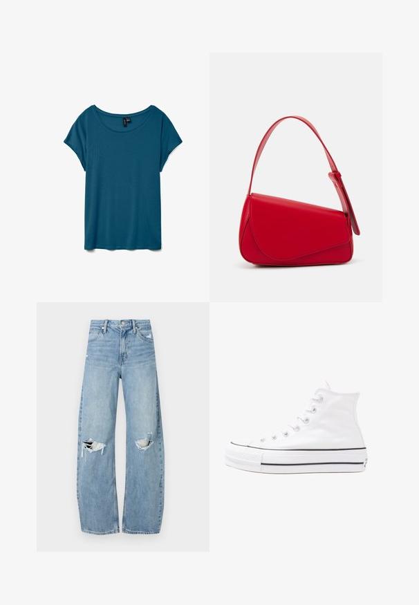 Teal kortærmet t-shirt med rund halsudskæring, lavet af blødt stof, med en afslappet pasform og en glat tekstur.; Lysblå, højtraljede jeans lavet af denim. Har brede ben, to huller ved knæene og klassisk fem-lommes stil.; Hvide høje kanvas sneakers med sort gummisål, gummitåhætte foran og seks øjehuller til snørebånd, der har et rent, minimalistisk design.; Rød læderhåndtaske med et kantet, geometrisk design. Har en enkelt justerbar rem og en klaplukning med syede detaljer.