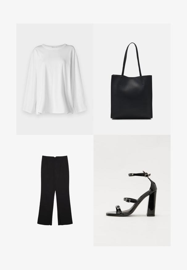 Bílá dlouhá košile s dlouhým rukávem vyrobená z měkké bavlny, s kulatým výstřihem, volným střihem a bočními rozparky pro snadný pohyb.; Černé kalhoty s rovným střihem, s předními kapsami a bočními rozparky na lemu. Vyrobené z jemné, hladké tkaniny. Vhodné na různé příležitosti.; Černé lakované sandály na podpatku se čtveratou špičkou, lýtkovými pásky a stříbrnými přezkami. Disponují masivním blokovým podpatkem pro stabilitu.; Černá kožená taška přes rameno s hladkým povrchem, obdélníkovým tvarem a dvěma dlouhými uchy. Žádné viditelné kování ani ozdoby.