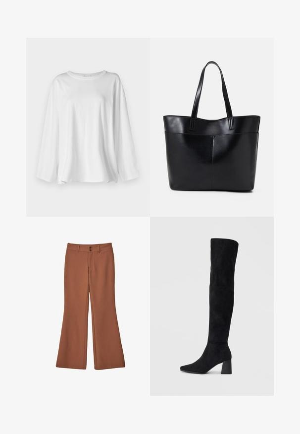 Bela dolgo rukava srajca, izdelana iz mehkega bombaža, z okroglo ovratnico, ohlapnim krojem in stranskimi razporki za lažje gibanje.; Rjave, široke hlače iz mehkega blaga. Imajo dva sprednja gumbka in gladko teksturo brez vidnih vzorcev ali dodatkov.; Črne semiš škornje do kolen z blok peto, s koničastim nosom in gladkim, brezšivnim dizajnom na enostavni svetli podlagi.; Črna usnjena torba z dvema dolgima ročajema, gladko teksturo in strukturirano obliko. Ima sprednji žep za dodatno shranjevanje.