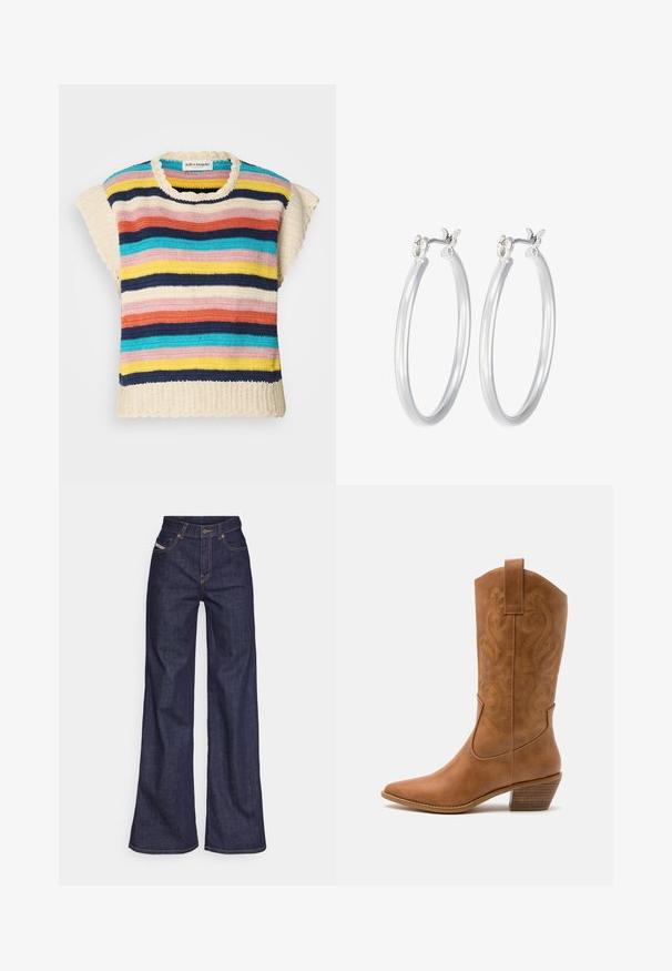 Háčkovaný top s kulatým výstřihem a vlnitými okraji, s horizontálními pruhy v růžové, žluté, námořnické modři, modré a krémové barvě.; Tmavě modré džíny s širokým střihem vyrobené z denimové tkaniny, s vysokým pasem, oranžovým prošíváním, pěti kapsami a zapínáním na knoflík.; Hnědé kožené kovbojské boty s špičatou špičkou, vyšívanými spirálovými vzory na štítech a s blokovým podpatkem. Obsahují poutko pro snadné obouvání.; Stříbrné kruhové náušnice s hladkým, lesklým povrchem. Kulatý tvar a bezpečné zapínání na klip. Lehký design vhodný pro každodenní nošení.