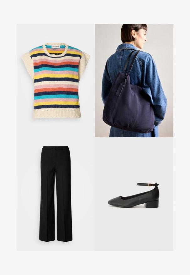 Crochet top with a round neckline and scalloped edges, featuring horizontal stripes in pink, yellow, navy, blue, and cream.; Black wide-leg trousers with a smooth fabric, featuring a high waist, tailored seams, and a minimalist design. No visible hardware or pockets.; Black leather pump with a pointed toe and a low block heel. Features an ankle strap with a gold-tone buckle. Smooth texture.; Navy canvas shoulder bag with a soft, structured shape, featuring a black strap, stitched detailing, and a small brand tag.