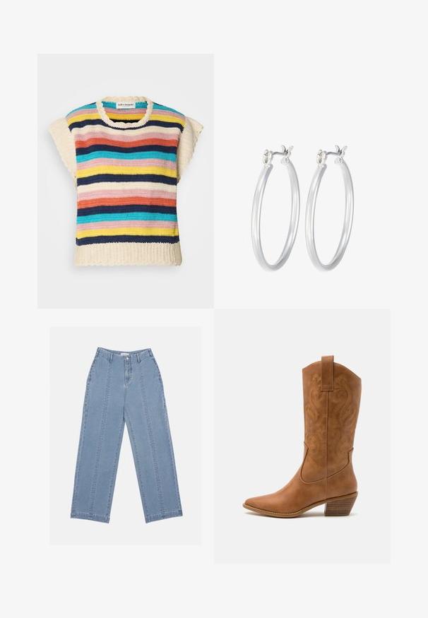 Top de ganchillo con escote redondo y bordes festoneados, con rayas horizontales en rosa, amarillo, marino, azul y crema.; Vaqueros de pierna ancha de color azul claro, hechos de denim. Presentan una cintura alta, cierre de botón y costuras visibles. No hay bolsillos visibles en la parte delantera.; Bota de vaquero de cuero marrón claro con punta afilada, patrones de espiral bordados en el tubo y un tacón bloque apilado. Cuenta con una pestaña de agarre para facilitar su uso.; Pendientes de aro de plata con un acabado liso y pulido. Forma redonda y cierre de click seguro. Diseño ligero adecuado para el uso diario.