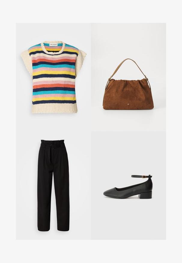 Crochet top with a round neckline and scalloped edges, featuring horizontal stripes in pink, yellow, navy, blue, and cream.; Black high-waisted trousers with a wide leg, featuring front pleats and a fabric belt with a circular buckle. Smooth texture and tailored design.; Black leather pump with a pointed toe and a low block heel. Features an ankle strap with a gold-tone buckle. Smooth texture.; Brown suede handbag with a gathered design, featuring a single tan leather strap and a subtle gold logo detail on the front.