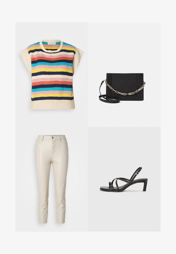 Crochet top with a round neckline and scalloped edges, featuring horizontal stripes in pink, yellow, navy, blue, and cream.; Beige faux leather pants with a slim fit, front pockets, and a button closure, featuring smooth texture and tapered legs.; Black strappy sandal with a square toe and a low block heel. Features multiple thin straps and an adjustable ankle strap. Made of smooth leather.; Black leather crossbody bag featuring a smooth texture, rectangular shape, and a metallic chain detail on the front. Adjustable strap included.