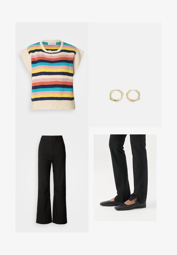 Virkkaustoppi, jossa on pyöreä pääntie ja aaltoilevat reunat, sekä vaaleanpunaisia, keltaisia, laivastonsinisiä, sinisiä ja kermanvärisiä vaakaraitoja.; Mustat leveät housut, joissa on sileä pinta, korkea vyötärö ja siisti muotoilu. Ei näkyviä taskuja tai koristuksia.; Musta nahkakengät balettityylillä, kärjessä terävä muoto, hihna hopeasoljella, yhdistetty mustiin räätälöityihin housuihin, joissa on halkiohelma.; Kultaiset renkaat, joissa on teksturoitu, epäsäännöllinen muoto. Varustettu saumattomalla suljinnalla ja kiillotetulla pinnalla, mikä korostaa modernia muotoilua.