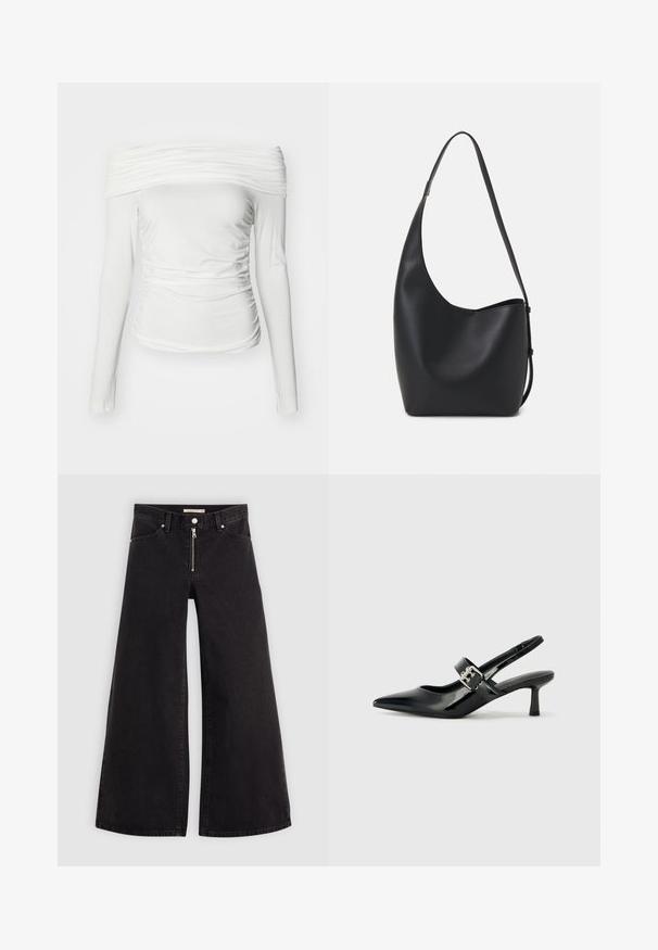 Bílý dlouhý rukáv top s designem bez ramene, který má zřasenou texturu a boční řasení pro přiléhavý siluetu.; Džíny s širokými nohavicemi v černém denimovém provedení se zipem vpředu, pěti kapsami a jemnými švy. Hladká textura a ležérní styl.; Černé lakované boty na podpatku typu slingback s špičatou špičkou a malým blokovým podpatkem, které mají na pásku stříbrný přezkový akcent.; Černá kožená hobo taška s hladkým povrchem, zakřiveným tvarem a jedním nastavitelným popruhem; má široké otevírání nahoře.