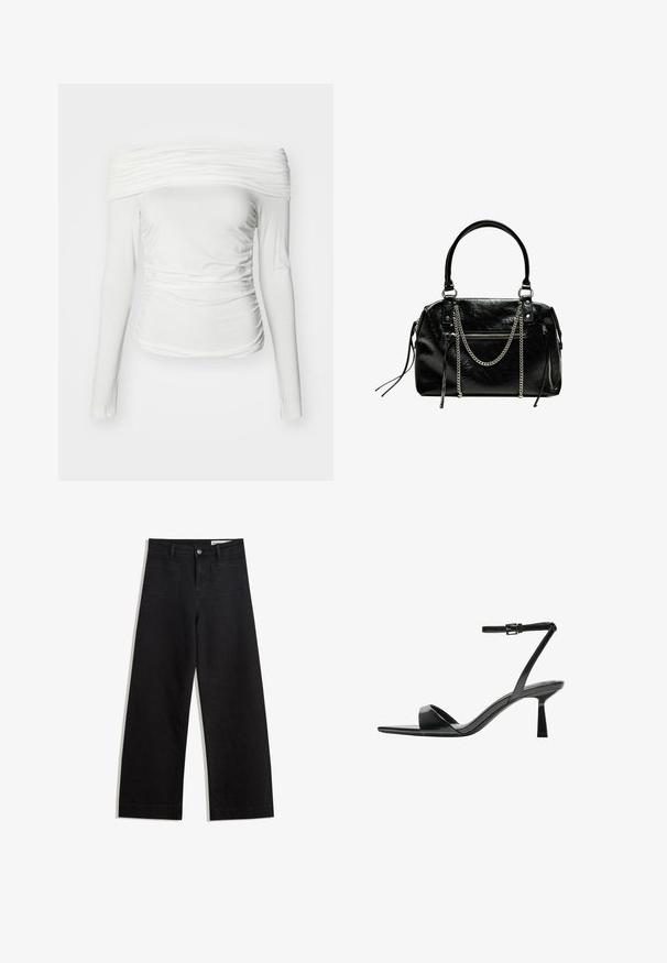 White long-sleeve top with an off-the-shoulder design, featuring gathered texture and side ruching for a fitted silhouette.; Black wide-leg denim pants with a high waist, featuring front and back pockets, stitched seams, and a button closure. Smooth texture.; Bershka High heeled sandals - black; Bershka WITH CHAIN - Handbag - black