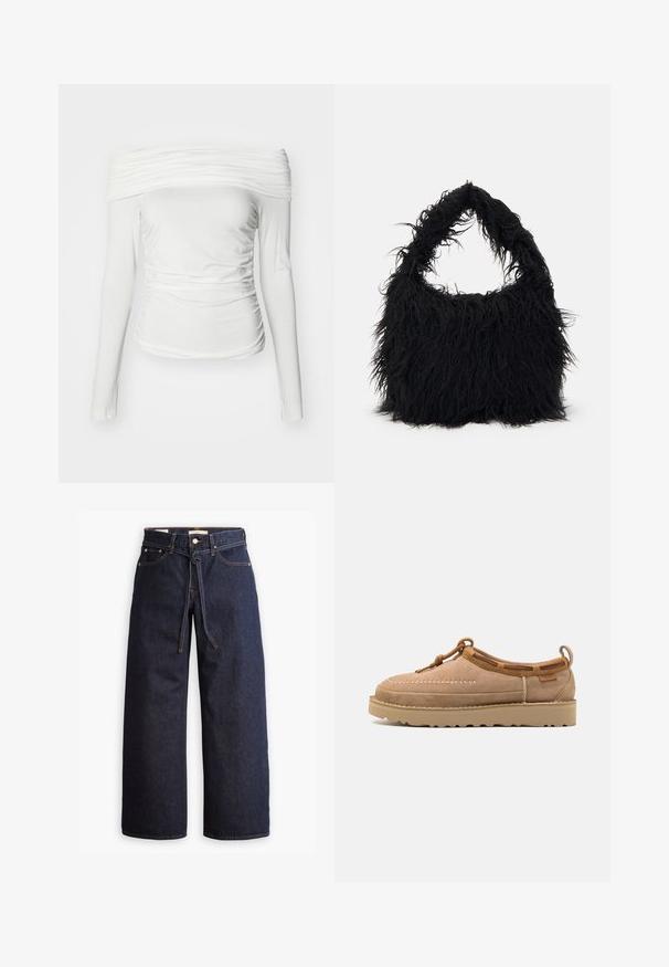 Bílý dlouhý rukáv top s designem bez ramene, který má zřasenou texturu a boční řasení pro přiléhavý siluetu.; Široké tmavě modré džíny se zvýšeným pasem, opatřené stahovací šňůrou, pěti kapsami a kontrastním prošíváním.; Světlé hnědé semišové nazouvací boty s kulatou špičkou, zdobené dekorativním prošíváním, koženými akcenty a gumovou podrážkou.; Even&Odd Velká kabelka - black