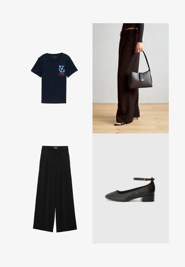 Tumed puuvillane t-särk lühikeste varrukatega, millel on graafiline print südametest ja tekst "je t'aime pour toujours" punases värvuses.; Mustad laiad püksid, millel on tekstureeritud kangas, elastne vöökoht ja eemaldatav pael vööst, et reguleerida sobivust.; Must mustaapp, millel on terav nina ja madal blokk-kand. Omab pahkluu rihma koos kuldse tooni pandlaga. Sile tekstuur.; Must musta kott, millel on struktureeritud kuju, sile tekstuur ja metallist klamber. Kombineeritud laiate mustade pükstega ja avatud varvaste sandaalidega puidust põrandal.