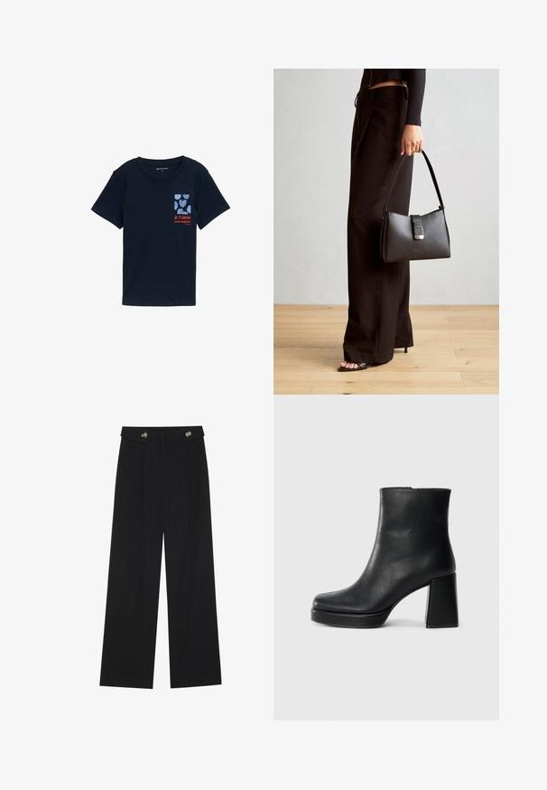 Námornickomodrá bavlněná trička s krátkým rukávem, se stylovým potiskem srdcí a textem "je t'aime pour toujours" v červené barvě.; Černé široké kalhoty s vysokým pasem, detailní knoflíky na pase a přední záhyby.; Černý kožený kotníkový bot s blokovým podpatkem a platformou, viděný z boku na jednoduchém bílém pozadí.; Černá kabelka se strukturovaným tvarem, hladkým povrchem a kovovým uzávěrem. Kombinována s širokými černými kalhotami a sandály s otevřenou špičkou na dřevěné podlaze.