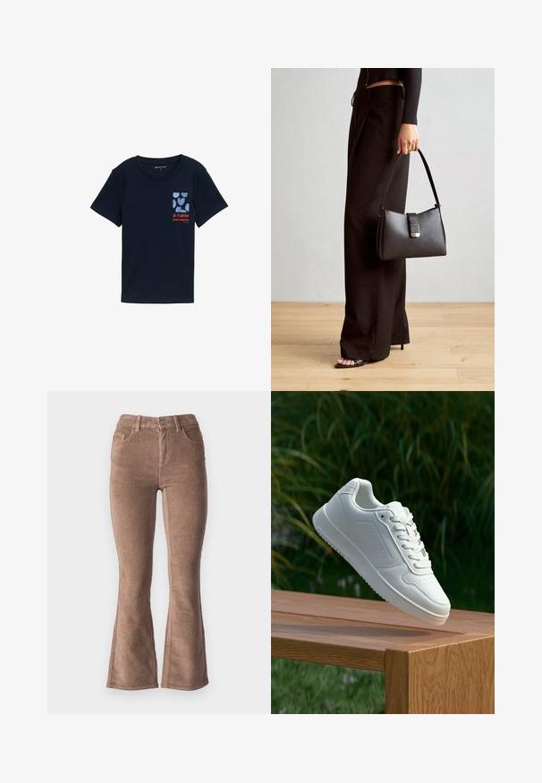 Marineblå bomulds T-shirt med korte ærmer, prydet med et grafisk tryk af hjerter og teksten "je t'aime pour toujours" i rød.; Brune fløjlsbukser med udvidede ben og ribbet tekstur, der har højt talje, fem lommer og en frontknaplukning.; Hvid sneaker med en glat syntetisk overdel, perforeret tåboks, flade snørebånd og en tekstureret sål, præsenteret på en træoverflade.; Sort håndtaske med struktureret form, glat overflade og metalspænde. Sammen med brede sorte bukser og sandaler med åben tå på trægulv.