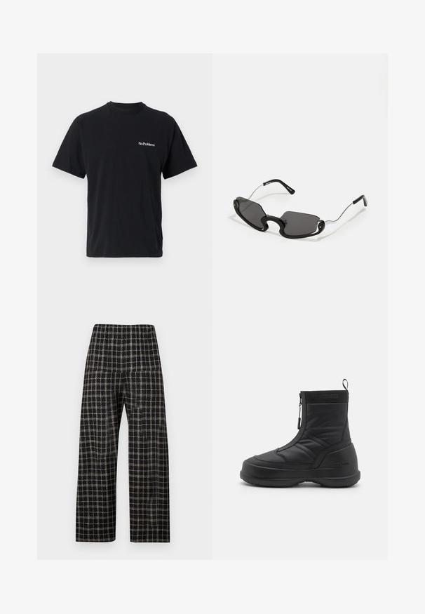 T-shirt preta em algodão com decote redondo e mangas curtas. Apresenta texto branco "No Problemo" no lado esquerdo do peito.; Henrik Vibskov ECLIPSE PANTS UNISEX - Calças - black; Bota de neve impermeável preta com um upper sintético liso, fecho com zíper, colarinho acolchoado e sola de borracha texturizada. Acentuada com a marca "MOON BOOT".; Óculos de sol pretos com uma forma de escudo única, apresentando lentes escuras e hastes finas em metal prateado. As armações têm realces arredondados e um design arrojado.