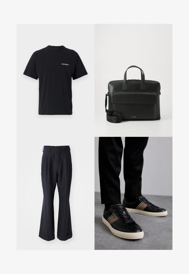 Črna bombažna majica s krožnim izrezom in kratkimi rokavi. Na levi strani prsnega dela je bel napis "No Problemo".; Črne krojene hlače z sproščenim krojem, nabrano sprednjo stranjo in širokimi nogami. Imajo manšeto na robu in gladko teksturo tkanine.; Črne usnjene superge z večbarvnimi črtastimi poudarki, okroglo konico in belimi gumijastimi podplati, z vezalnim dizajnom in embosiranim logotipom.; Črna usnjena aktovka z dvema zgornjima ročajema, sprednjo žepno in odstranljivim trakom, ki na dnu vsebuje diskretno blagovno oznako.