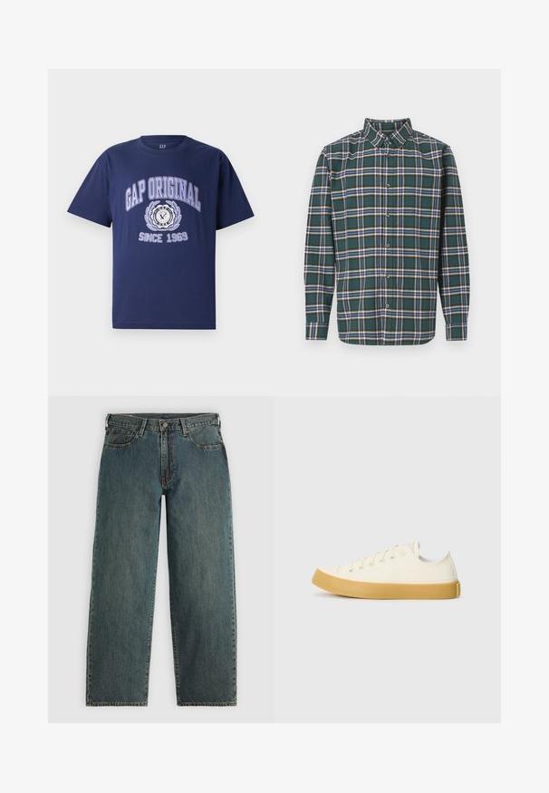 Tumesinise puuvillase lühikeste käistega T-särk, millel on tekst "GAP ORIGINAL" ja graafiline disain, ringikujuline emblem ning "SINCE 1969" all.; Roheline flanellsärk, millel on ruuduline muster, sisaldades siniseid, valgeid ja sinepikollaseid jooni. Nööbitav esiosa ja terav krae. Pikad varrukad.; Tumedad sinised sirged teksapüksid nupuga ja tõmblukuga, ees olevate taskutega ja vöödega helesinise halli tausta peal.; Kangasneakerid kreemjas valges, ümmarguse varbaga, beeži kummitaldaga ja viie silmaga paelte jaoks, tekstuurse viimistlusega ülaserv.