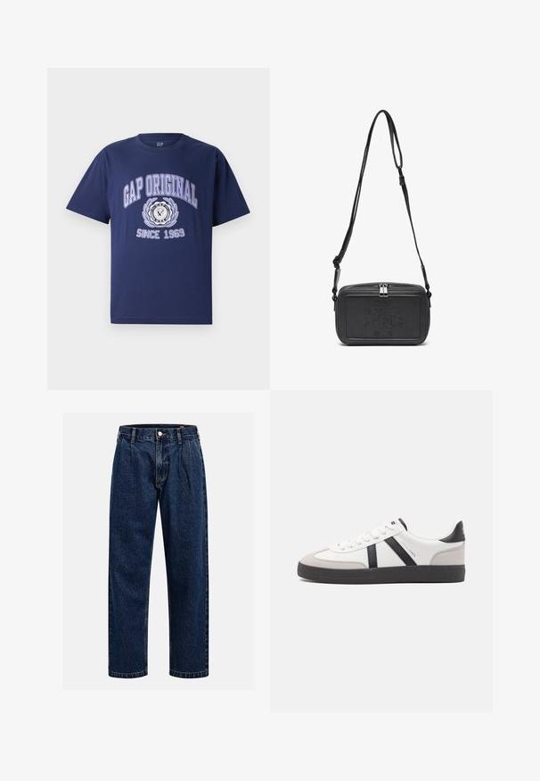 Námořnická modrá bavlněná tričko s krátkým rukávem, s textem "GAP ORIGINAL" a grafickým designem, kruhovým emblémem a nápisem "SINCE 1969" pod ním.; Tmavě modré džíny s rovnými nohavicemi. Mají viditelné švy, zapínání na knoflík a přední záhyby pro zvýraznění detailu.; Bílé tenisky s černými a šedými akcenty, opatřené texturovaným šedým prstovým krytem, černou gumovou podrážkou a plochými bílými tkaničkami. Čistý design, minimalistický styl.; Černá kožená taška přes rameno s uzávěrem na zip, vyraženým logem na přední straně a nastavitelným popruhem. Hladký povrch s obdélníkovým tvarem.