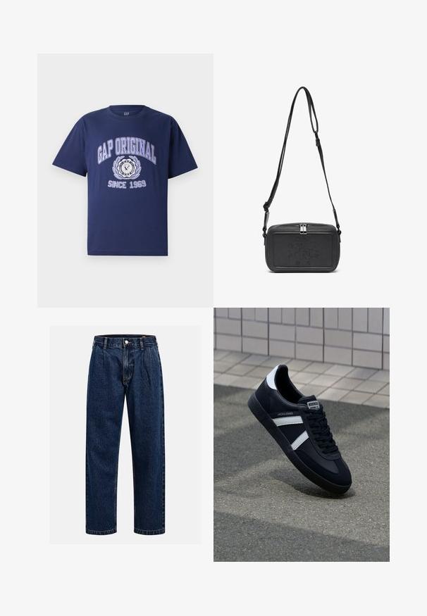Tumši zils kokvilnas T-krekls ar īsām piedurknēm, kura priekšpusē ir uzraksts "GAP ORIGINAL" un grafiskais dizains, apaļš emblēma un "SINCE 1969" apakšā.; Tumši zilie džinsu bikses ar taisna kāju dizainu. Iezīmējas redzamas šuves, pogu aizdare un priekšējie gurni papildu detaļām.; Melnā ādas sporta apavi ar baltām svītrām, teksturēta gumijas zole un auklu aizdare. Iekļauj zīmola etiķeti uz mēles.; Melna ādas soma uz pleca ar zīmolu, slēdzamu rāvējslēdzēju un regulējamu siksnu. Gluda tekstūra un taisnstūru forma.
