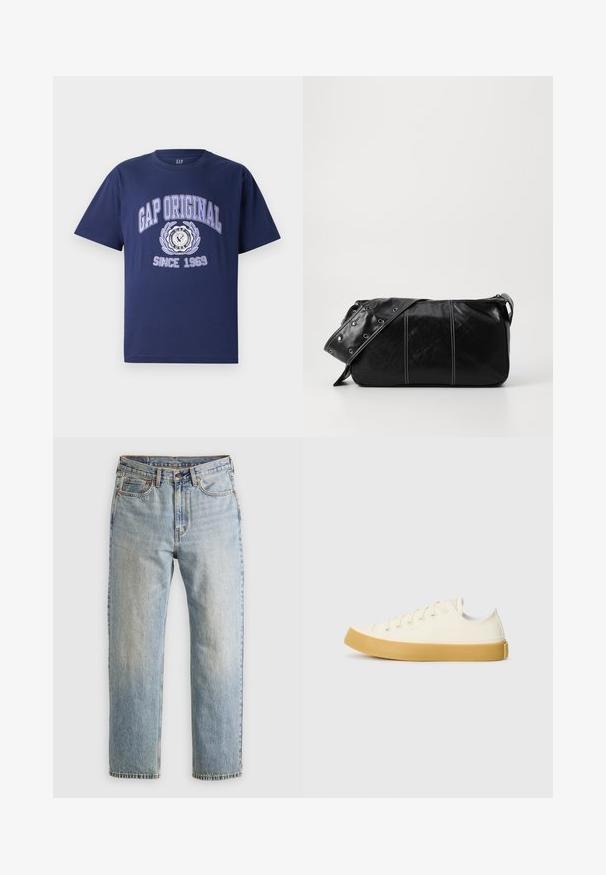 Mørkeblå bomulds T-shirt med korte ærmer, med teksten "GAP ORIGINAL" og grafisk design, cirkulært emblem, og "SINCE 1969" nedenfor.; Lysblå denim jeans med høj talje, frontknap, lynlås og fem-lomme design, lagt fladt på en neutral baggrund.; Læder sneakers i off-white med rund tå, der har beige gummisåler og fem øjer til snørebånd, struktureret finish på overdelen.; Sort læder skuldertaske med lynlås, der har en tekstureret overflade, hvid syning og en rem med sølvøskner.