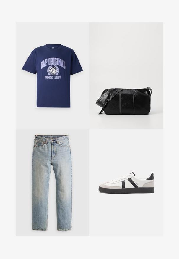 Námornícky modré bavlnené tričko s krátkymi rukávmi, s nápisom "GAP ORIGINAL" a grafickým dizajnom, kruhovým emblémom a "SINCE 1969" nižšie.; Svetlomodré džínsy s vysokým pásom, predným gombíkom, zipsom a dizajnom s piatimi vreckami, rozložené na neutrálnom pozadí.; Biele tenisky s čiernymi a šedými akcentmi, s textúrovanou šedou špičkou, čiernou gumovou podrážkou a plochými bielymi šnúrkami. Čistý dizajn, minimalistický štýl.; Čierna kožená kabelka cez plece so zipsovým uzáverom, so štruktúrovaným telom, bielym prešívaním a popruhom so striebornými očkami.