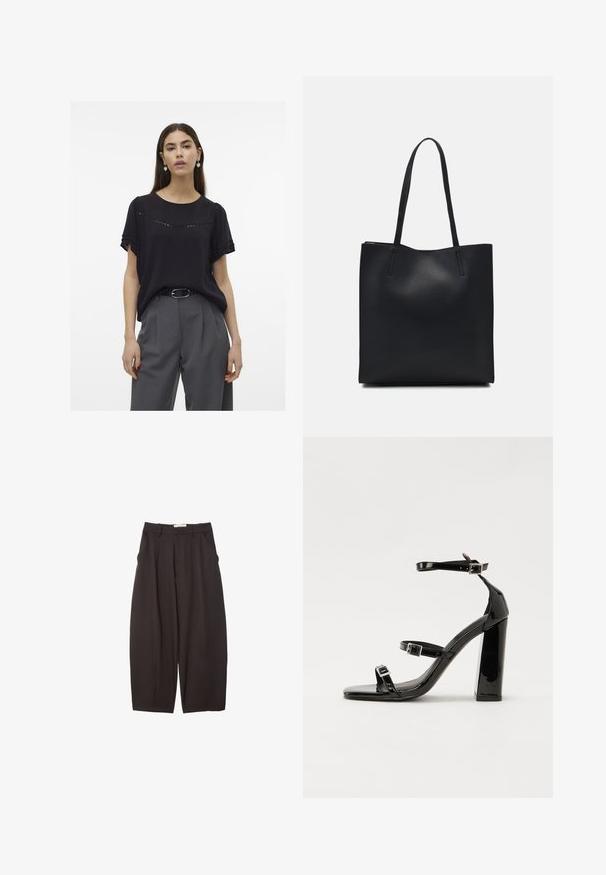 Svart kortärmad blus med diskreta frontutskärningar, rund halsringning, mjukt tyg, kombinerad med grå högmidjade byxor och ett bälte.; Svarta vida byxor i ett mjukt tyg, med hög midja, framfickor och sidofickor. Enkel design utan utsmyckningar.; Svarta lackerade högklackade sandaler med två spännband, fyrkantig tå och en tjock klack, med en slät och glansig yta.; Svart lädertoffelväska med slät textur, rektangulär form och två långa handtag. Ingen synlig hårdvara eller dekorationer.