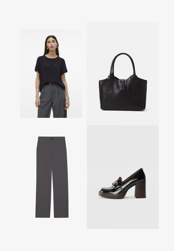 Blusa nera a maniche corte con sottili aperture frontali, scollatura rotonda, tessuto morbido, abbinata a pantaloni grigi a vita alta e una cintura.; Pantaloni grigi con un design a gamba dritta, dotati di due tasche laterali e chiusura con bottone. Tessuto liscio senza motivi o accenti visibili.; Mocassino in pelle nera con tacco alto, punta rotonda, elementi decorativi in argento, tacco a blocco in legno e finitura liscia e lucida.; Borsa tote in pelle nera con texture liscia, forma strutturata, due manici e un evidente dettaglio in fibbia argentata sul davanti.
