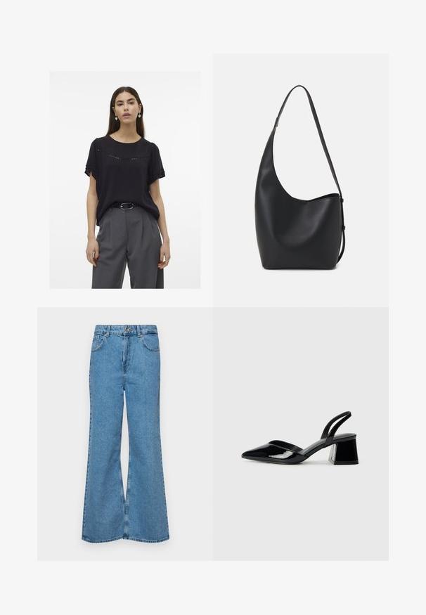 Fekete, rövidujjú blúz diszkrét elülső kivágásokkal, kerek nyakkivágással, puha anyagból készült, szürke, magas derekú nadrággal és övvel párosítva.; Világoskék, trapézszárú farmernadrág, magas derékkal, öt zsebbel és egy gombos záródással. Puha tapintású, magasított effektusú anyag.; Fekete lakk bőr szandálkés magas sarkú cipő, hegyes orral és geometrikus tömbsarkakkal. Karcsú, minimalista dizájn és sima textúra jellemzi.; Fekete bőr hobo táska sima textúrával, ívelt formával és egyetlen állítható pánttal; széles nyílás található a tetején.