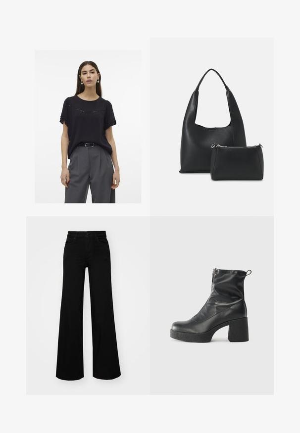 Melna īsa piedurkņu blūze ar maigiem priekšējiem izgriezumiem, apaļš kakla izgriezums, mīksta auduma, kombinēta ar pelēkiem augstiem biksēm un jostu.; Melni plaša kāju bikses, izgatavotas no džinsa, ar strukturētu jostu, jostu cilpiņām un priekšējām kabatām. Gluda tekstūra ar klasisku dizainu.; Melni potītes zābaki, kas izgatavoti no gludas ādas, ar sānu rāvējslēdzēju, masīvu strukturētu papēdi un noapaļotu purngalu.; Even&Odd Rokassoma - black