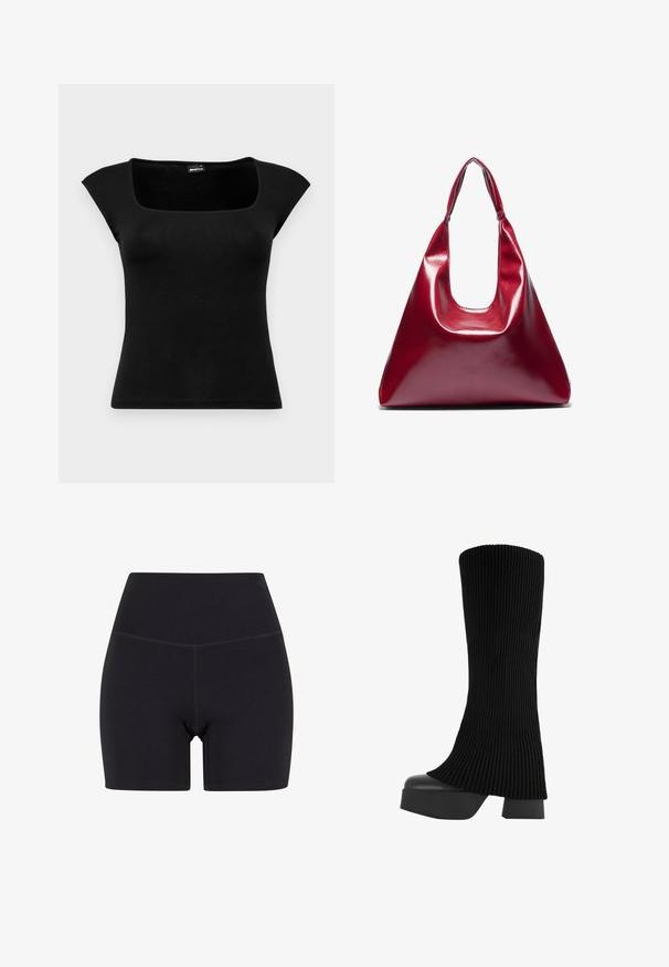 Gina Tricot SOFT TOUCH TIGHT TOP - Tričko s potlačou - black; Čierne šortky s vysokým pásom vyrobené z elastického materiálu. Obsahujú elastický pás, hladký povrch a dĺžku do polovice stehna s bezšvovým dizajnom.; Čierne vysoké čižmy po kolená s ribbed textíliou, robustnou platformou a blokovým podpätkom, s hladkou textúrou a elegantným, moderným dizajnom.; Červená lesklá kožená kabelka trojuholníkového tvaru so širokým vrchným otvorom a jedným zakriveným uchom. Hladký povrch s minimálnymi švami.