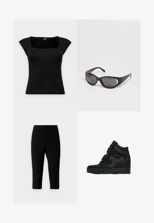 Gina Tricot SOFT TOUCH TIGHT TOP - T-shirt med print - black; Svarta capribyxor i elastisk tyg, med en figursydd design som slutar strax nedanför knäet, med en slät textur och inga synliga sömmar.; Svarta högsko sneakers gjorda av mocka och mesh, med kardborreband, en slät yta och en strukturerad gummisula för bra grepp.; Svarta solglasögon med ovala linser och en elegant design. Bågarna är blanka och breda, med ett utskuret detalj på sidorna.; Svart läderhandväska med flätade handtag, dragkedjefack och hängande pom poms. Texturerad yta med metallnitar och hårdvaruaccenter.