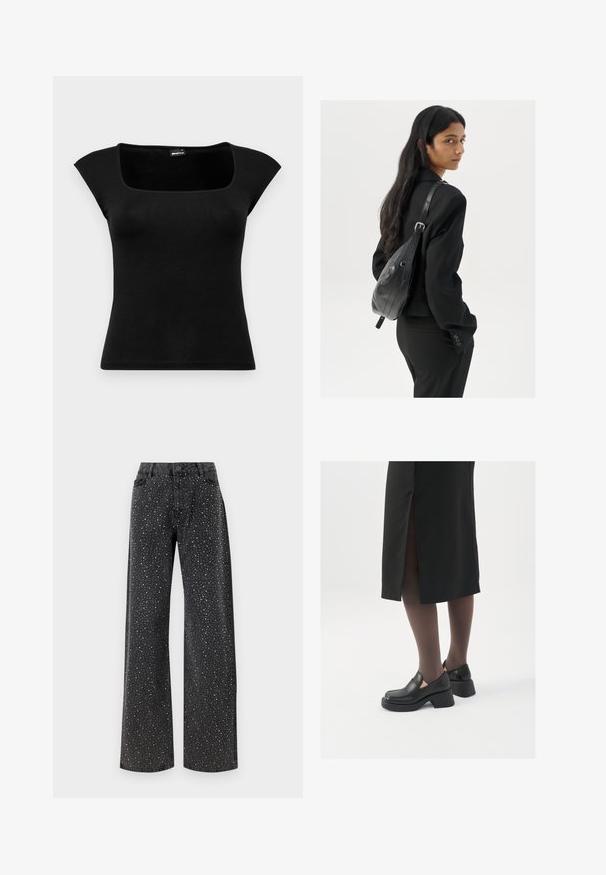 Gina Tricot SOFT TOUCH TIGHT TOP - Apdrukāts T-krekls - black; Noisy May NMJANNEL LOOSE - Brīva piegriezuma džinsi - black denim; Melni ādas apavi ar noapaļotu purngalu, biezām bloku papēžiem un elastīgiem sānu akcentiem, apvienoti ar tumšām zeķubiksēm un melnu svārku ar šķirbu.; Sieviete ar garām tumšām matiem, ģērbusies melnā uzvalkā, nēsā melnu ādas plecu somu un skatās pāri plecam uz balta fona.; Sudraba gredzenveida auskari ar minimālistisku dizainu. Cirkulāra forma, gluda tekstūra un plāns profils. Vieglu svaru ar spīdīgu apdari.