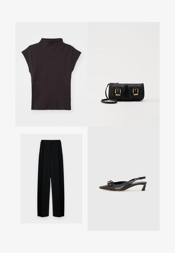 Top nero a maniche corte con collo alto realizzato in tessuto elastico, caratterizzato da una vestibilità rilassata e una superficie liscia, senza schemi o dettagli visibili.; Pantaloni neri a gamba larga con vita alta, dotati di pieghe e una texture liscia. Il tessuto sembra leggero e si drappeggia in modo elegante.; Scarpa slingback in pelle nera con punta affusolata, tacco basso e dettaglio decorativo a fibbia sulla parte superiore. Texture liscia, design minimalista.; Borsa a tracolla nera in pelle con due tasche frontali, fibbie dorate, chiusura con zip e una tracolla sottile. Superficie texturizzata e forma rettangolare compatta.