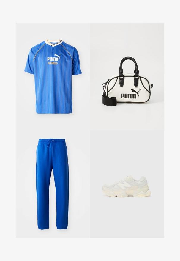 Modra nogometna majica s kratkimi rokavi z navpičnimi črtami, belimi in rumenimi poudarki ter logotipom, ki prikazuje pumo. Utežna, zračna tkanina.; Modre trenirke iz mehkega blaga, z elastičnim pasom in vrvico, zožanimi nogami ter majhnim logotipom na strani.; Lahki športni čevlji z zgornjim delom iz mrežastega materiala in antilopa v nežnih kremnih tonih, z debelim podplatom in tridimenzionalnimi poudarki.; Bela torbica z črnimi detajli, ki ima logotip Puma. Krajše, zaobljene ročke in snemljiv trak, izdelana iz teksturiranega sintetičnega materiala.