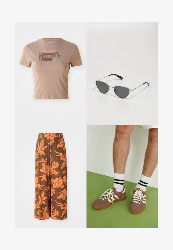 Ruskea puuvillapaita, lyhyet hihat, pyöreä kaula-aukko. Edessä on "PARADISE"-grafiikka oranssilla värillä, jossa on maisemakuva ja palmupuu.; Ruske široke hlače s narandžastim cvjetnim uzorkom. Glatka tekstura s visokim pojasom i bočnim džepovima. Ležeran i lepršav dizajn.; Ruske nahkate sneakerit valkoisilla korostuksilla ja nauhoilla. Kumi-gumipohja. Yhdistetty valkoisiin sukkiin, joissa on mustia raitoja. Vihreä teksturoitu lattia.; Kultasankaiset aurinkolasit, joissa on tummat linssit, kissamainen muoto ja mustat sankaruet, joista toisella puolella on sateenkaaren aksentti.