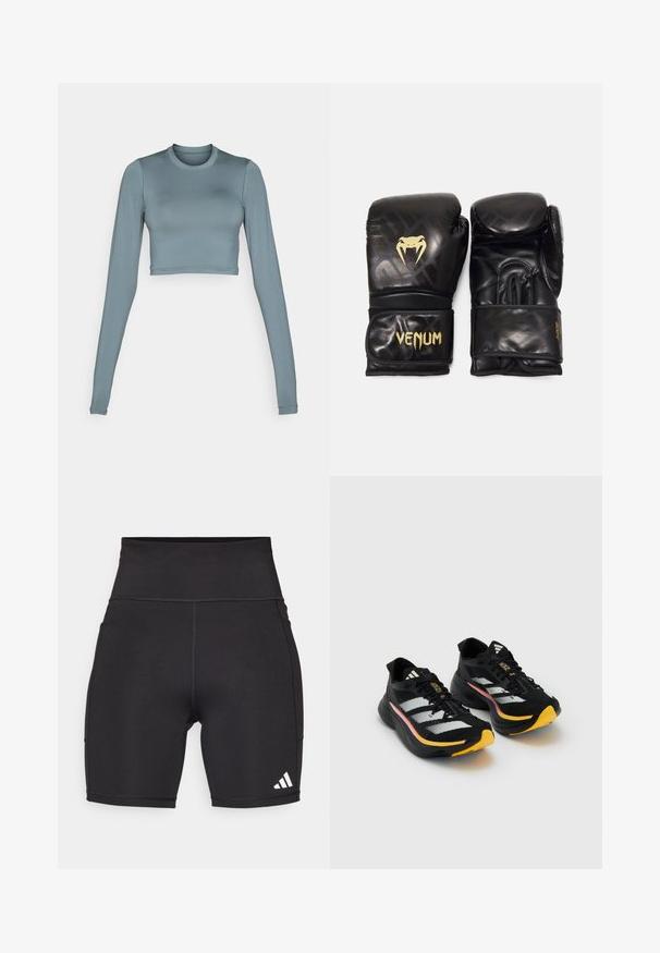 Pitkähihainen, lyhytnenäinen toppi pehmeästä, joustavasta vaaleansinisestä kankaasta, jossa on pyöreä pääntie ja hienovarainen logoyksityiskohta etuosassa.; Mustat urheilushortsit, jotka on valmistettu joustavasta kankaasta. Korkea vyötärö, puolivälin reisi, ja alhaalla vasemmalla puolella on valkoinen kolmonauhalogo.; Musta urheilukengät valkoisilla raidoilla, keltaisilla varpailla ja tekstuuripinnoilla. Varustettu pehmustetulla pohjalla ja mustilla nauhoilla.; Mustat nyrkkeilyhanskat, joissa on kultainen "VENUM"-logo ja käärmesymbooli. Liukas nahkapinta, jossa on pehmustettu muotoilu ja säädettävät rannekkeen hihnat.