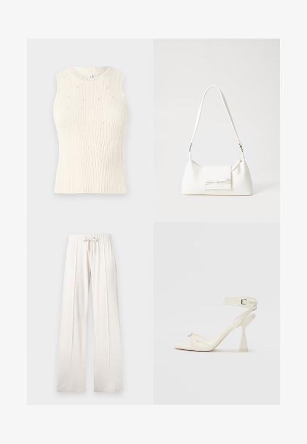 Kreminė, banguota be rankovių palaidinė su apvaliomis iškirptėmis, išmarginta mažomis dekoratyvinėmis perlų detalėmis ir karoliukais apdailinta apykakle.; Šviesiai smėlio spalvos sportinės kelnės, pagamintos iš minkštos medžiagos, su raišteliu juosmenyje, plačiomis ilgomis kojomis ir vertikaliomis siūlėmis, turinčios lygų paviršių.; Baltos odinės aukštakulnės sandalai su dirželiais, elegantiško dizaino, skaidriu blokiniu kulnu ir dekoratyviu elementu ant piršto.; Balta sintetinė rankinė trikampio formos, plokščiu priekiu su užsegimu, kaspino detale, reguliuojama dirželiu, lygia tekstūra ir minimalistišku dizainu.