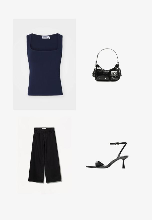 Weekday ANTONIA SQUARE NECK - Top - dark blue; Bershka WIDE-LEG - Široké nohavice - black; Bershka Sandále na vysokom opätku - black; Čierna laková kožená kabelka s ohnutým tvarom, jedným ramenným popruhom, prednými vreckami a striebornými kovovými doplnkami.