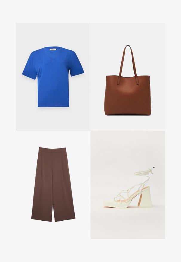 Sininen puuvillainen V-paitatoppi lyhyillä hihoilla, jossa on sileä pinta ja klassinen, rento malli. Ei näkyviä kuvioita tai koristeita.; Ruskeat leveälahkeiset housut, joissa on sileä pinta, korkea vyötärö ja etupleat. Kangas on kevyttä ja laskeutuu väljänä.; Valkoinen korkokenkä, jossa on paksu korko, ja joka sisältää nauhakiinnityksen ja nilkkaketjun. Sujuva pinta, jossa on platform-etupohja lisäkorkeutta varten.; Ruskea nahkainen olkalaukku, jossa on sileä pinta, avoin yläosa ja kaksi olkahihnaa. Omaavat vain minimaalisen ompelun eikä näkyvää metalliosaa.