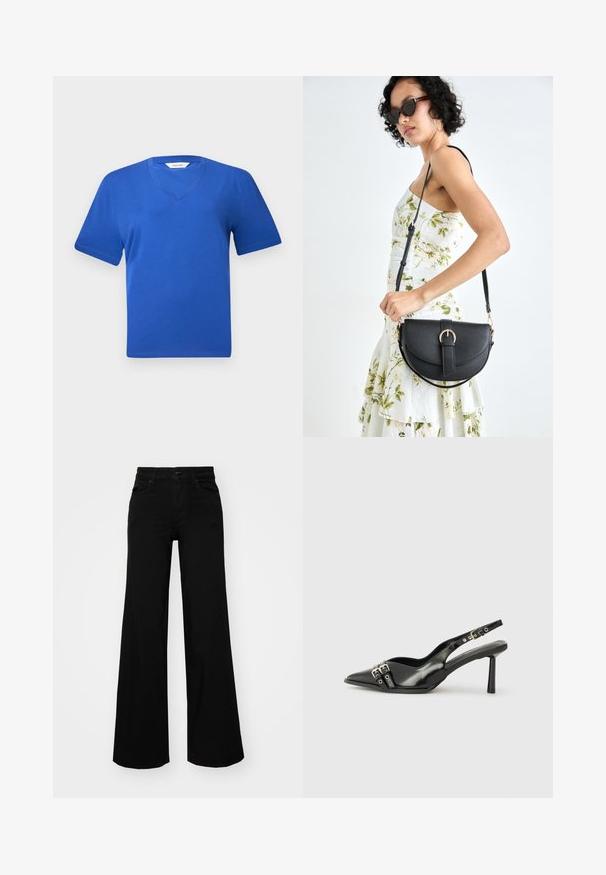 Sinine puuvillane V-kaelusega T-särk lühikeste varrukatega, millel on sile tekstuur ja klassikaline, mugav istuvus. Ilma nähtavate mustrite või kaunistusteta.; Mustad mustad püksid, mis on valmistatud denimist, struktuurse vöökohtade, vöökootidega ja esikottidega. Sile tekstuur klassikalise disainiga.; Must musta nahk kingad sanga ja terava ninaga, ankle strapidega, millel on hõbedased pandlad ja riistvara ning õhuke konts.; Mustmust mustraha kõverate joontega, eemaldatava rihmaga ja kuldsete detailidega. Kotil on klapp, millel on pandladetail.