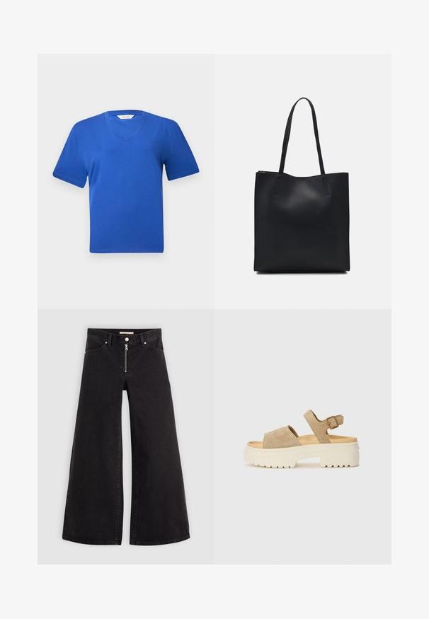 Modré bavlněné tričko s výstřihem do V a krátkým rukávem, s hladkou texturou a klasickým, volným střihem. Bez viditelných vzorů nebo ozdob.; Džíny s širokými nohavicemi v černém denimovém provedení se zipem vpředu, pěti kapsami a jemnými švy. Hladká textura a ležérní styl.; Suede sandály v světle béžové barvě s širokým páskem a nastavitelným zapínáním kolem kotníku. Robustní bílá podešev s texturovaným vzorem pro lepší přilnavost.; Černá kožená taška přes rameno s hladkým povrchem, obdélníkovým tvarem a dvěma dlouhými uchy. Žádné viditelné kování ani ozdoby.