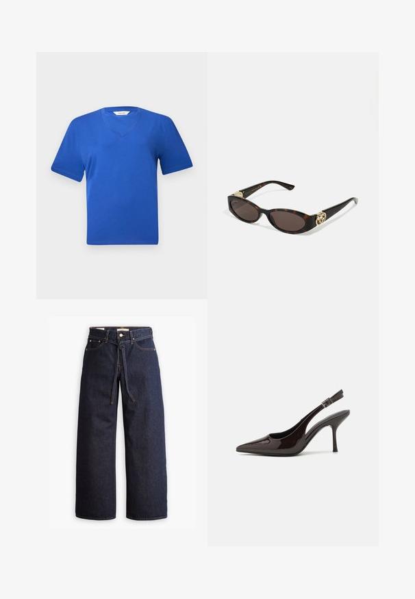 Kék pamut V-nyakú póló rövid ujjakkal, sima felülettel és klasszikus, laza szabással. Nincsenek látható minták vagy díszítések.; Széles lábú, sötétkék farmernadrág magas derékkal, húzózsinórral, öt zsebbel és kontrasztos varrással.; Fényes sötétbarna lakkbőr magas sarkú slingback cipő, hegyes orral, nyitott oldalakkal és állítható bokapánttal.; Tortából készült napszemüveg, hosszúkás ovális lencsékkel, barna színű árnyalattal, arany logóval a fülkagylón, és karcsú fekete szárakkal.
