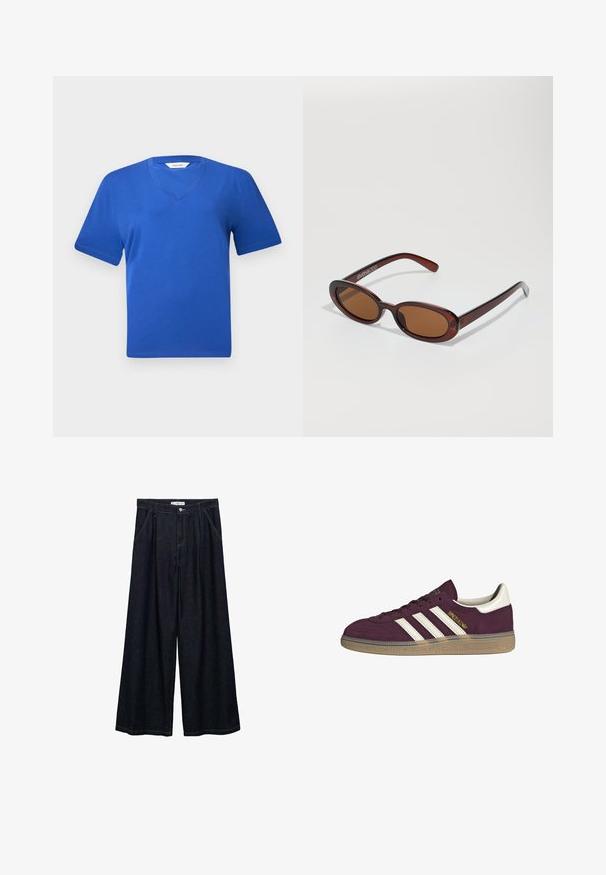 T-shirt blu in cotone con scollatura a V e maniche corte, caratterizzato da una texture liscia e una vestibilità classica e rilassata. Nessun motivo o decorazione visibili.; Pantaloni larghi in denim scuro con vita alta, dotati di chiusura frontale con bottone, due tasche laterali e dettagli di cucitura.; Sneaker in camoscio bordeaux con tre strisce bianche e accenti beige. Presenta una suola in gomma testurizzata e un marchio dorato sul lato.; Occhiali da sole rotondi con tonalità marrone, montatura lucida color bordeaux. Aste sottili con un sottile dettaglio del marchio. Design delle lenti piatte.; Borsa a tracolla in pelle intrecciata marrone con una forma triangolare morbida. Presenta una maniglia intrecciata e una chiusura con zip lungo la parte superiore.