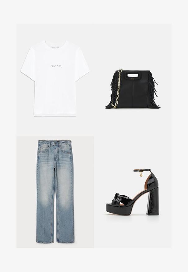 Baltas kokvilnas T-krekls ar īsām piedurknēm un taisnu apakšu. Centrā ar melniem burtiem rakstīts "CHIC, NO?". Klasiska apaļa kakla dizaina.; Gai zili džinsi ar taisnu piegriezumu, kas iezīmē augsto vidukli, piecu kabatu dizainu un maigu izbalēšanu uz augšstilbiem un ceļgaliem.; Maje Augstpapēžu sandales - noir; Melna ādas rokassoma ar frizūras detaļām, zelta ķēdes plecu siksnu un izgrieztu rokturi. Ir logotipa novietojums priekšpusē.