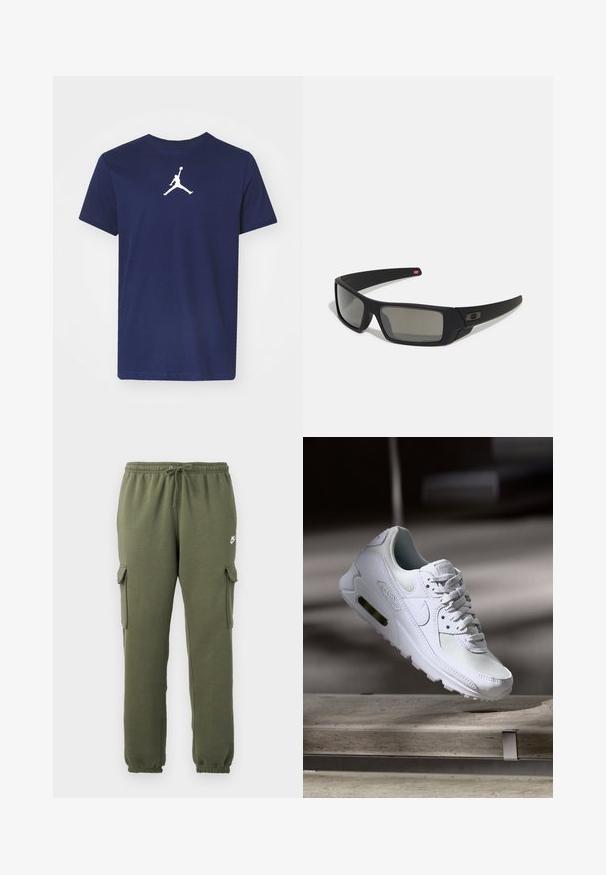T-shirt de algodão azul-marinho com mangas curtas, apresentando um logo Jumpman branco centralizado no peito. Design clássico com gola redonda.; Calças cargo verde-azeitona com cintura elástica, fecho por cordão, bolsos laterais e logótipo da marca na coxa. Tecido suave em mistura de algodão.; Sapatilha Nike Air Max 90 branca com parte superior em malha e couro, caixa de dedos perfurada e uma unidade de ar visível no calcanhar.; Óculos de sol pretos com acabamento mate, lentes retangulares, leve curvatura nas hastes, detalhe sutil do logo e lentes de cor fumada.