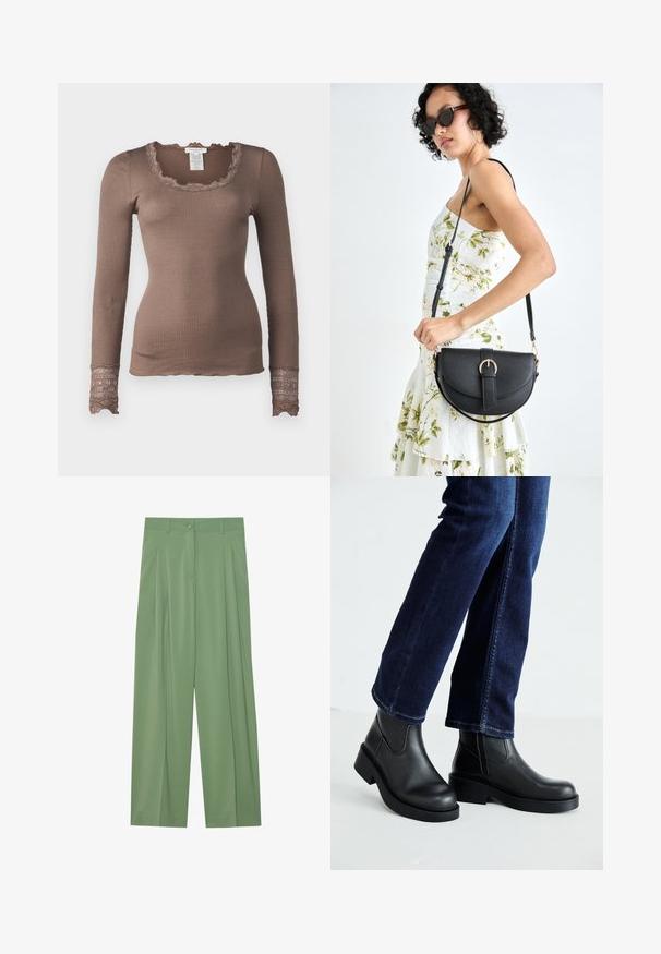 Rosemunde BENITA O NECK - Camisola de manga comprida - brown; Calças largas verdes feitas de tecido suave. Apresentam pregas na frente, um fecho de botão único e passantes para cinto.; Botas de tornozelo de couro preto com sola grossa e painéis elásticos laterais, combinadas com jeans azul escuro. O chão é de cor clara.; Bolsa de couro preta com forma curva, alça destacável e detalhes em dourado. A bolsa possui uma aba com detalhe de fivela.