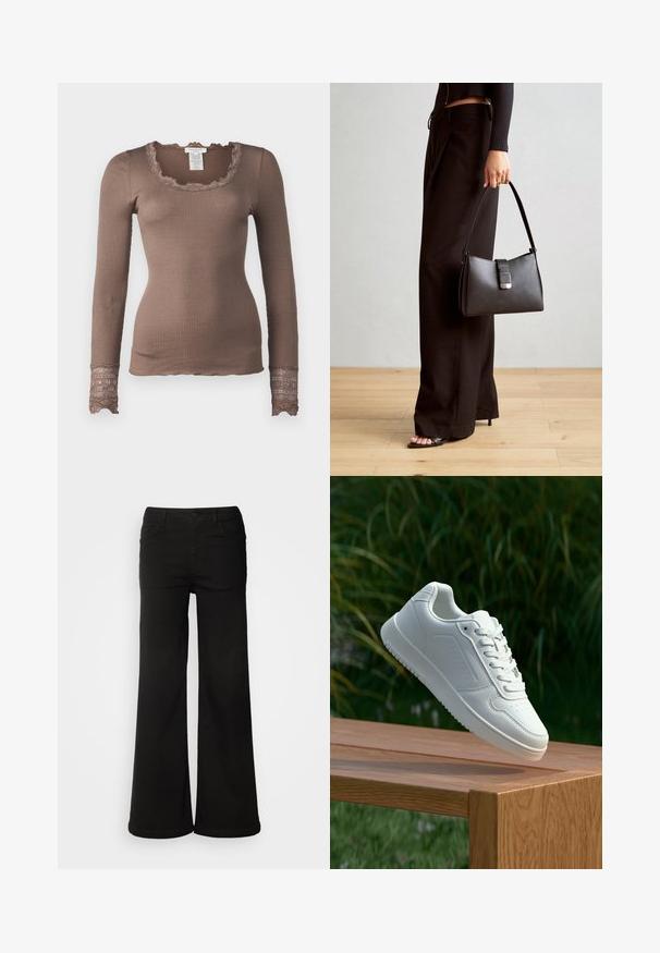 Rosemunde BENITA O NECK - Hosszú ujjú felső - brown; Fekete, bő szárú nadrág, amely denim anyagból készült, elülső zsebekkel, gombos záródással és sima felülettel rendelkezik, tiszta vonalakkal.; Fehér sportcipő sima szintetikus felsőrésszel, perforált lábujjrész, lapos fűzőkkel és texturált talppal, fából készült felületen kihelyezve.; Fekete kézi táska strukturált formával, sima textúrával és fémből készült záródással. Széles fekete nadrággal és nyitott orrú szandállal párosítva, fából készült padlón.