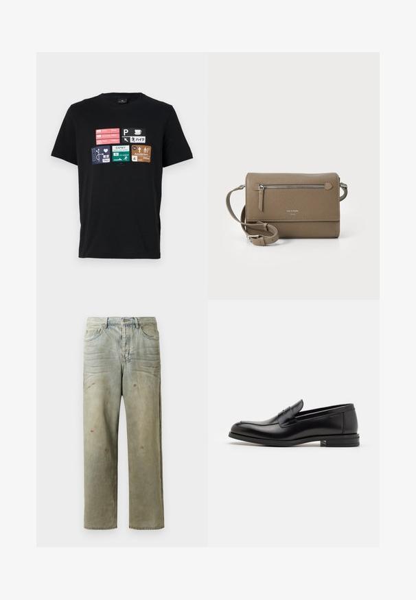 Juodas medvilninis t-shirtas su įvairiais kelionių ženklų grafikais keliomis spalvomis, įskaitant miesto pavadinimus ir atstumo rodiklius.; Šviesiai žaliai nuvarytos džinsinės kelnes, su tiesiomis kojomis, penkių kišenių dizainu, nelygiai blukščiantis ir su dažų lašeliais.; Juodos odinės loafers, turinčios lygų paviršių, apvalią noselę ir dekoratyvinę juostą per priekinę dalį. Žemas krentantis kulnas, minimalistinis dizainas.; Kakavinės odos per petį maišas su užtrauktuku priekinėje kišenėje, reguliuojama dirželiu, akmens tekstūra ir iškilniu logotipu priekyje.